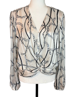 Autres Filles Chain Link Metallic Thread Twist Front Blouse Top Large Navy Blue